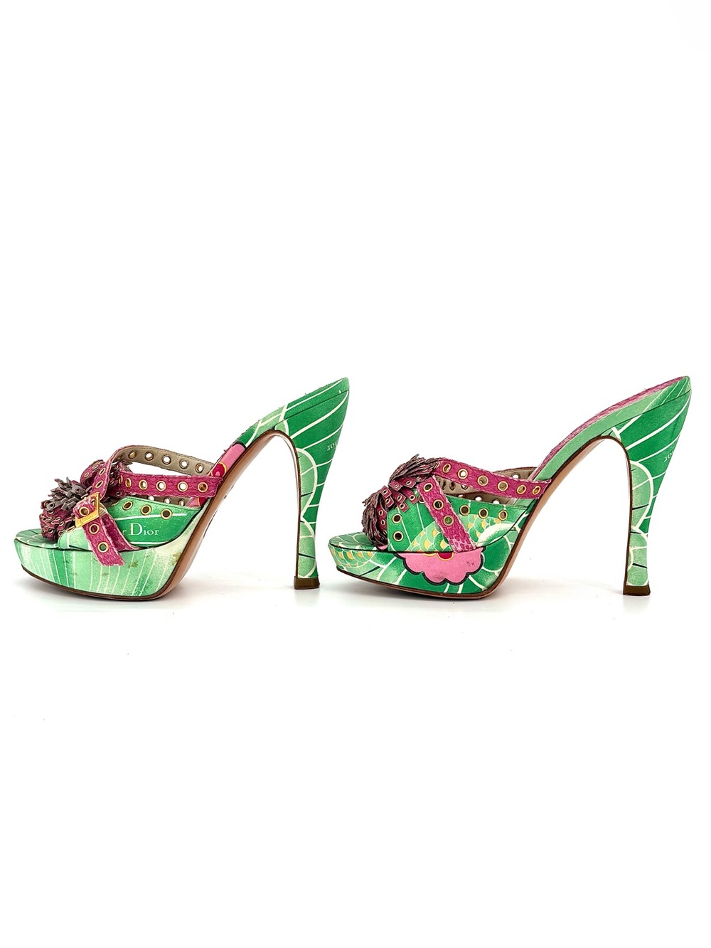 Dior John Galliano Vintage Koi Green Floral Print Platform Mules 35.5 - Picture 4 of 10